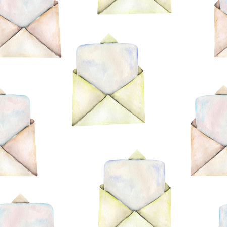 Seamless pattern with watercolor vintage mail envelopes, hand drawn on a white backgroundの写真素材