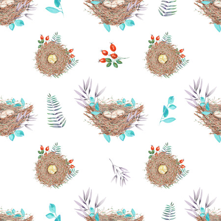 Seamless pattern with watercolor bird nests with eggs, in plants and berries, hand drawn isolated on a white backgroundの写真素材