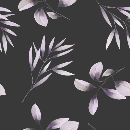 Seamless floral pattern with the watercolor purple leaves on the branches, hand drawn on a dark backgroundの写真素材