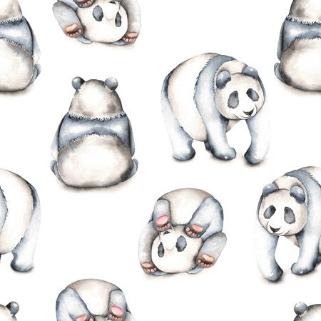 Seamless pattern with watercolor pandas, hand drawn isolated on a white backgroundの写真素材