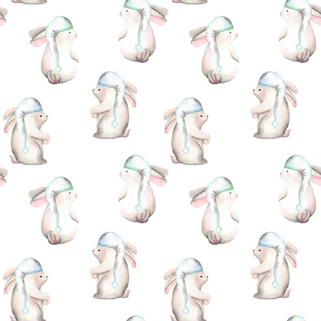 Seamless pattern with watercolor rabbits in nightcaps, hand drawn isolated on a white backgroundの写真素材