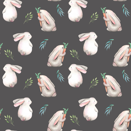 Seamless pattern with watercolor rabbits and green branches, hand drawn isolated on a dark backgroundの写真素材