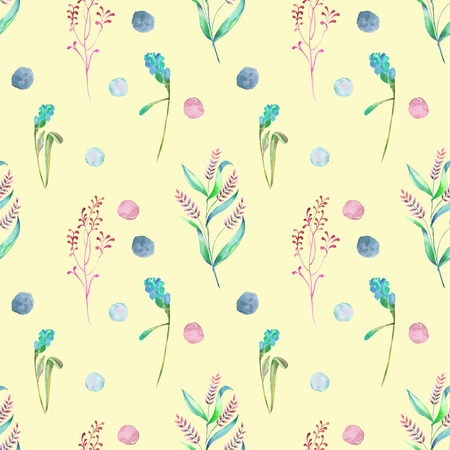 Seamless floral pattern with forest floral elements and watercolor spots hand drawn in watercolor on a yellow backgroundの写真素材