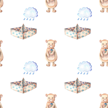 Seamless pattern with paper boats, rain clouds and cute bear toy, hand drawn in watercolor on a white backgroundの写真素材