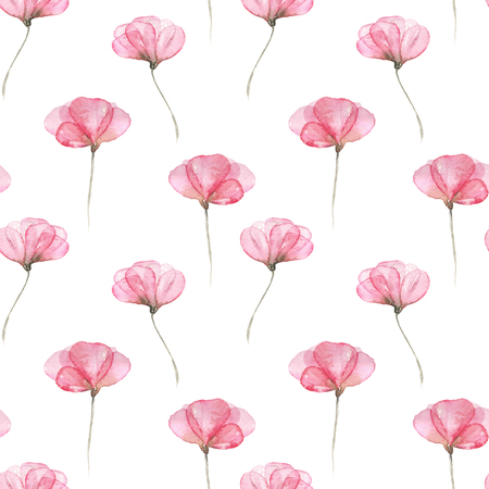 Seamless floral pattern with pink tender flowers hand drawn in watercolor on a white backgroundの写真素材