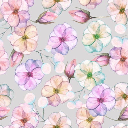 Seamless pattern with watercolor tender flowers in pink and purple pastel shades, hand drawn on a gray backgroundの写真素材