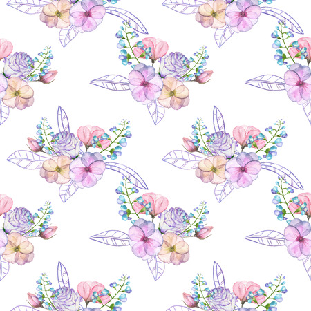 Seamless pattern with isolated watercolor floral bouquets from tender flowers and leaves in pink and purple pastel shades, hand drawn on a white backgroundの写真素材