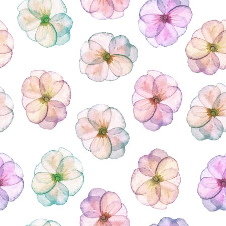 Seamless pattern with watercolor tender flowers in pink and purple pastel shades, hand drawn on a white backgroundの写真素材
