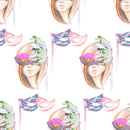Masquerade theme seamless pattern with female image masked Venetian style, hand drawn on a white backgroundの写真素材