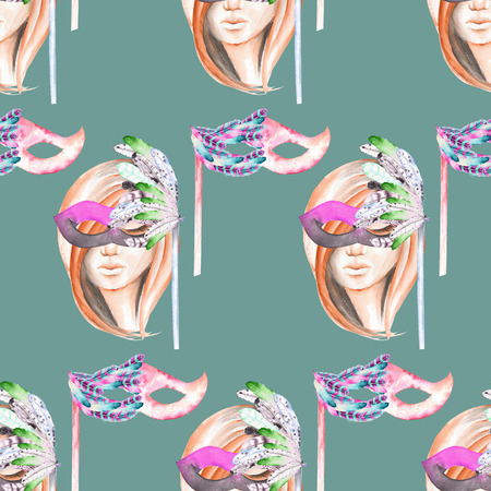Masquerade theme seamless pattern with female image masked Venetian style, hand drawn on a green backgroundの写真素材