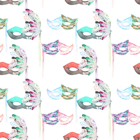 Seamless pattern with masquerade masks in Venetian style, hand drawn on a white backgroundの写真素材