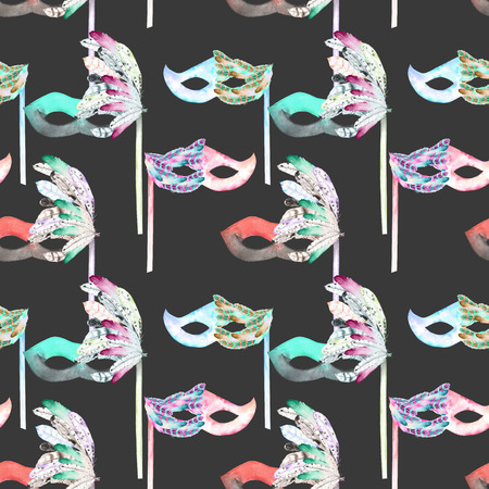 Seamless pattern with masquerade masks in Venetian style, hand drawn on a dark backgroundの写真素材