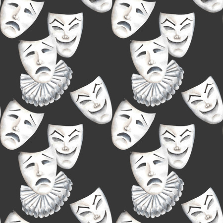 Seamless pattern with theater masks of laughter and sadness emotions, hand drawn on a black backgroundの写真素材