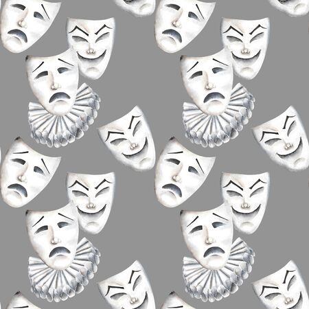 Seamless pattern with theater masks of laughter and sadness emotions, hand drawn on a gray backgroundの写真素材