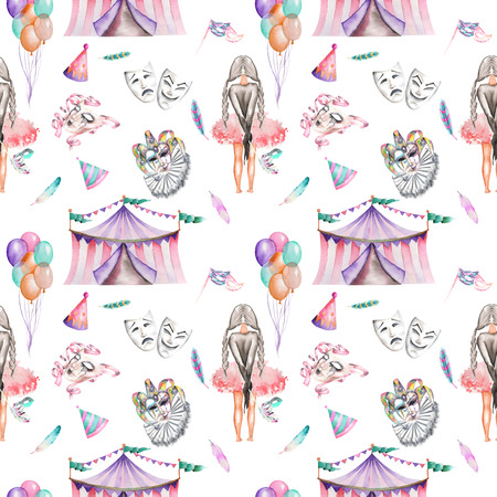 Seamless pattern with circus and masquerade elements, hand drawn on a white backgroundの写真素材