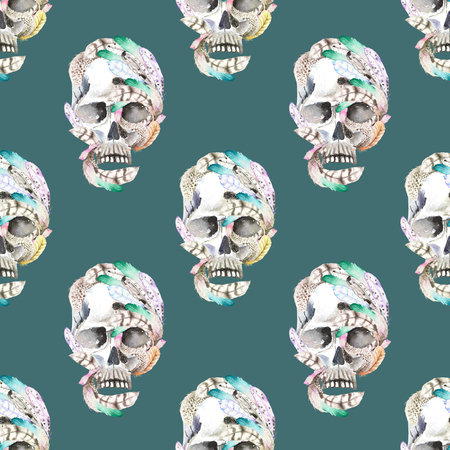 Masquerade theme seamless pattern with skulls in feathers, hand drawn on a dark blue backgroundの写真素材
