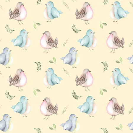 Seamless pattern of the watercolor birds and forest plants, hand drawn on a tender pink backgroundの写真素材