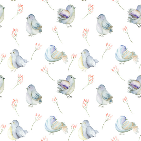 Seamless pattern of the watercolor blue birds and pink flowers branches, hand drawn on a white backgroundの写真素材