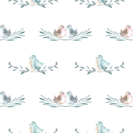 Seamless pattern with watercolor cute birds on the branches, hand drawn isolated on a white backgroundの写真素材