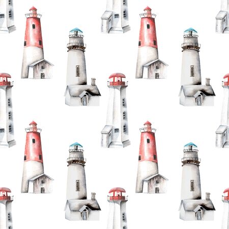 Seamless pattern with watercolor lighthouses, hand painted isolated on a white backgroundの写真素材