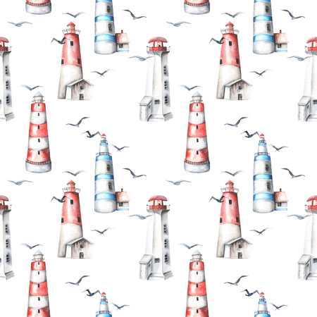 Seamless pattern with watercolor lighthouses and seagulls, hand painted isolated on a white backgroundの写真素材