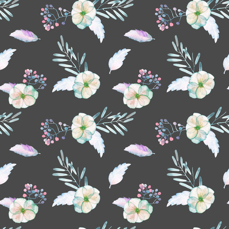 Seamless pattern with watercolor tender mint and purple flowers and plants, hand drawn on a dark backgroundの写真素材