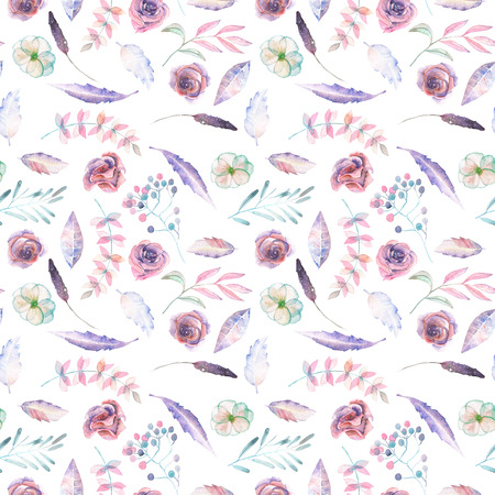 Seamless floral pattern with the watercolor pink and purple flowers and leaves, hand painted isolated on a white backgroundの写真素材