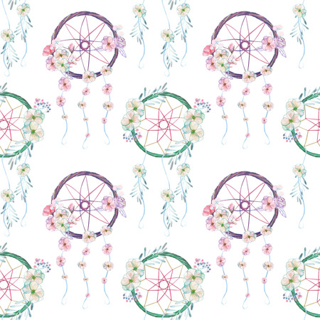 Seamless pattern with floral dreamcatchers, hand drawn isolated in watercolor on a white backgroundの写真素材