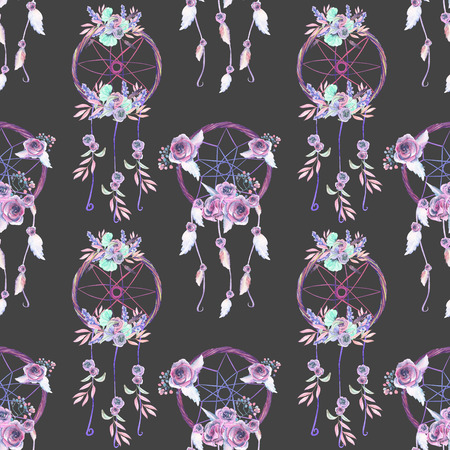 Seamless pattern with floral dreamcatchers, hand drawn isolated in watercolor on a dark backgroundの写真素材