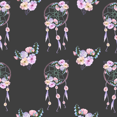 Seamless pattern with floral dream catchers, hand drawn isolated in watercolor on a dark backgroundの写真素材