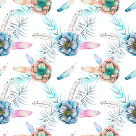 Seamless pattern with the watercolor anemone flowers, feathers and blue branches, hand drawn on a white backgroundの写真素材