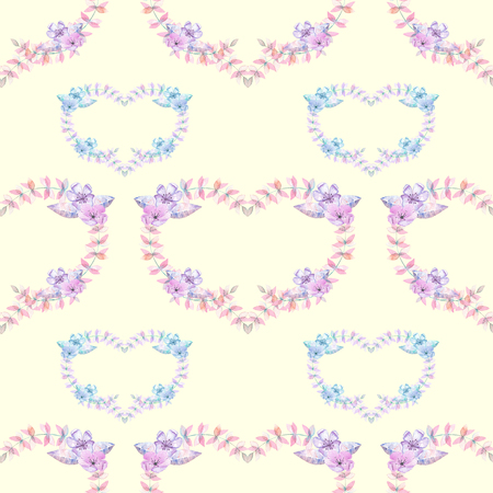 Seamless pattern with watercolor hearts of pink and purple flowers, hand drawn on a light backgroundの写真素材