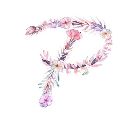 Capital letter P of watercolor pink and purple flowers, isolated hand drawn on a white background, wedding design, english alphabet for the festive and wedding decor and cardsの写真素材
