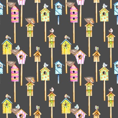 Seamless pattern with watercolor colorful birdhouses, cute birds and nests, hand drawn isolated on a dark backgroundの写真素材