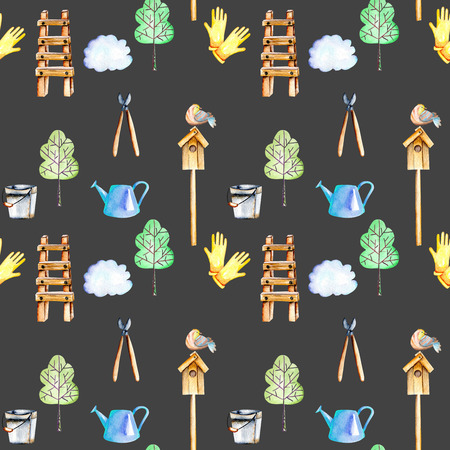 Seamless pattern with watercolor objects of garden tools, hand drawn isolated on a dark backgroundの写真素材