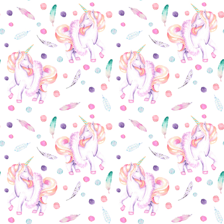 Seamless pattern with watercolor pink unicorn in tutu, feathers and confetti, hand drawn isolated on a white backgroundの写真素材