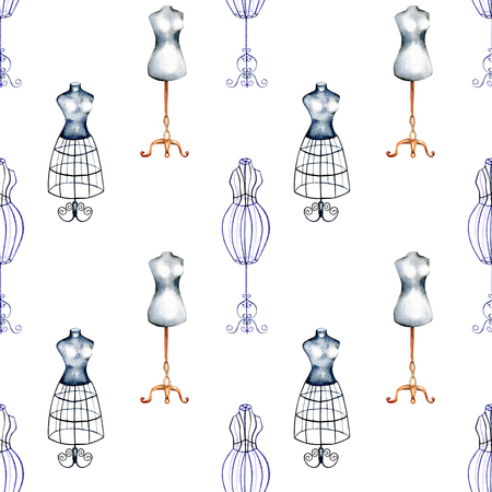 Seamless pattern with watercolor retro mannequins, hand drawn isolated on a white backgroundの写真素材