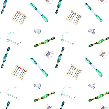 Seamless pattern with watercolor green and blue thread floss and needles, hand drawn isolated on a white backgroundの写真素材