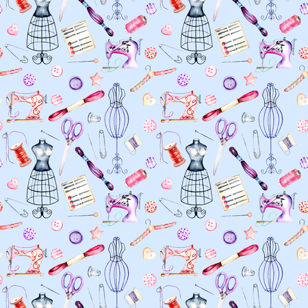 Seamless pattern with watercolor sewing elements, hand drawn isolated on a blue backgroundの写真素材