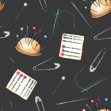 Seamless pattern with watercolor safety pins and needles, hand drawn isolated on a dark backgroundの写真素材