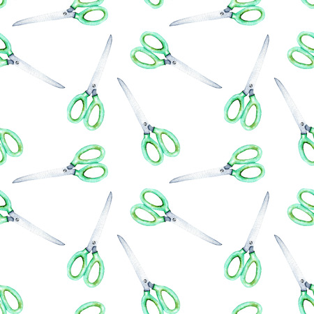 Seamless pattern with watercolor scissors, hand drawn isolated on a white backgroundの写真素材