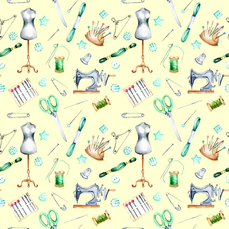 Seamless pattern with watercolor sewing elements, hand drawn isolated on a light yellow backgroundの写真素材