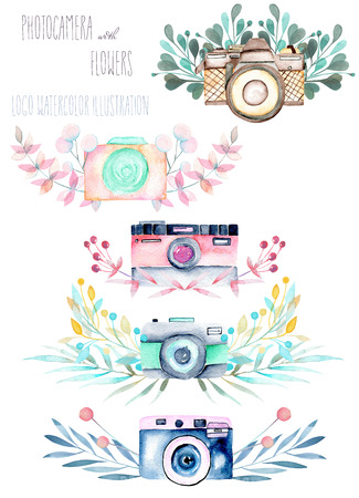 Set of logo mockups with watercolor cameras and floral elements, hand drawn isolated on a white backgroundの写真素材