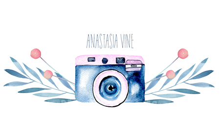 Mockup of logo with watercolor camera and floral elements, hand drawn isolated on a white backgroundの写真素材