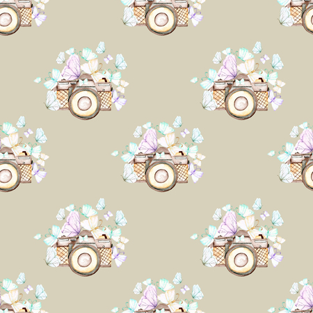 Seamless pattern with watercolor retro cameras and butterflies, hand drawn isolated on a light brown backgroundの写真素材
