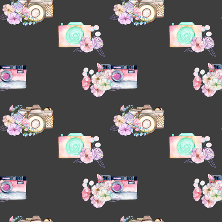 Seamless pattern with watercolor retro cameras in floral decor, hand drawn isolated on a dark backgroundの写真素材