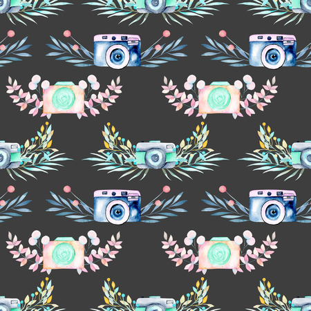 Seamless pattern with watercolor retro cameras in floral decor, hand drawn isolated on a dark backgroundの写真素材
