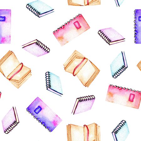 Seamless pattern with watercolor notebooks, hand painted isolated on a white backgroundの写真素材