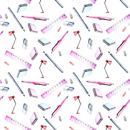 Seamless pattern with watercolor stationery objects, hand painted isolated on a white backgroundの写真素材