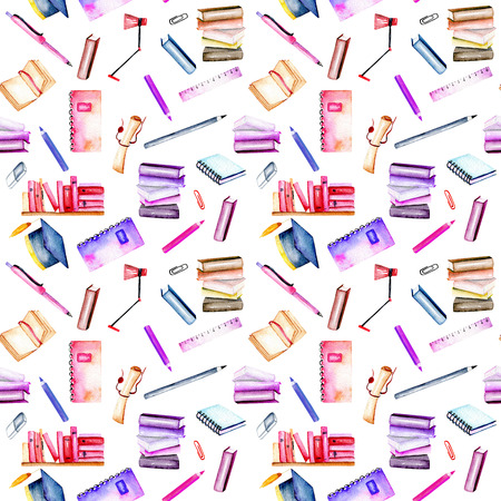 Seamless pattern with watercolor stationery objects, hand painted isolated on a white backgroundの写真素材